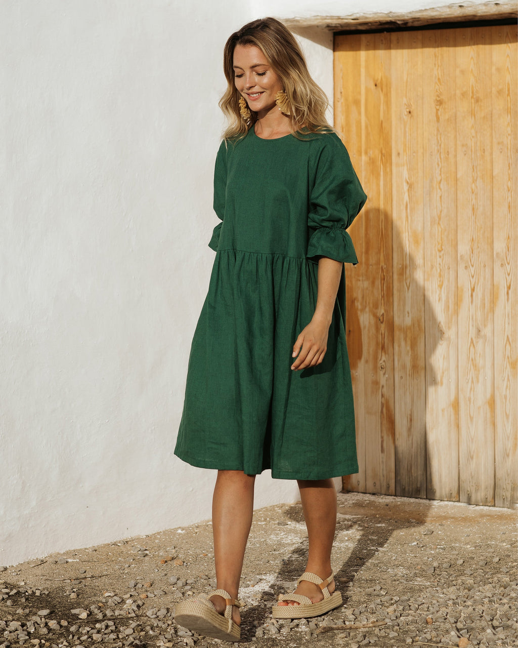Voluminous Linen Dress Nerja in Green