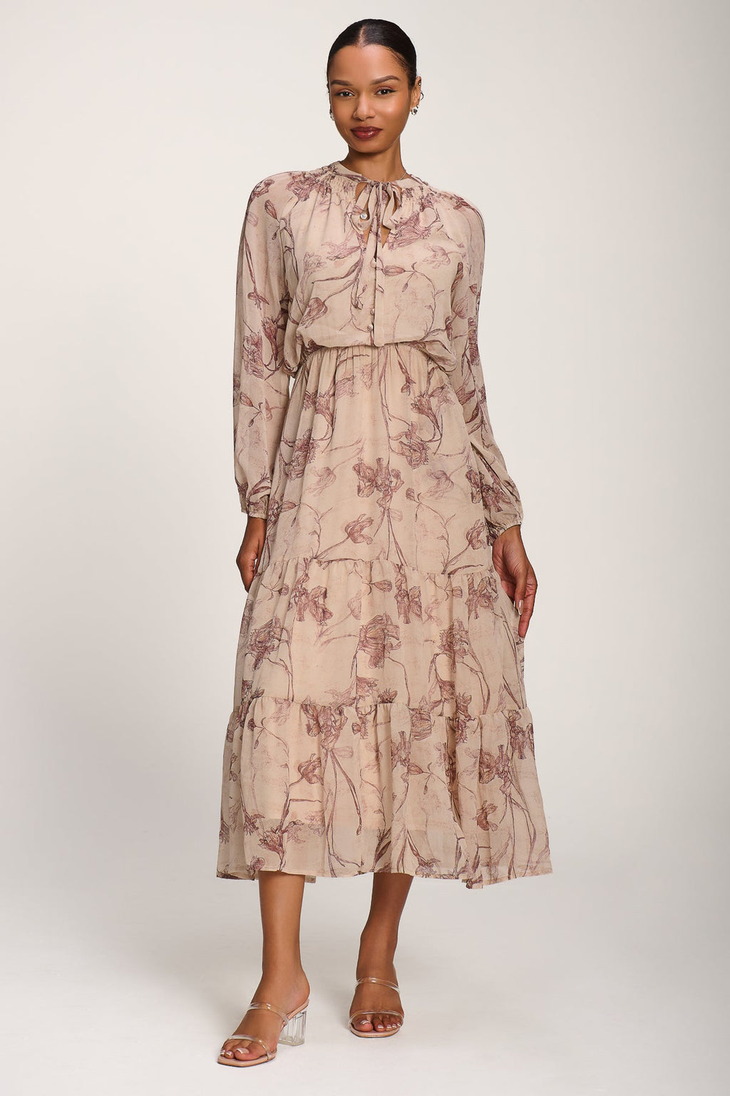 Chiffon Tie Neckline Midaxi Dress, Brown Floral for Women