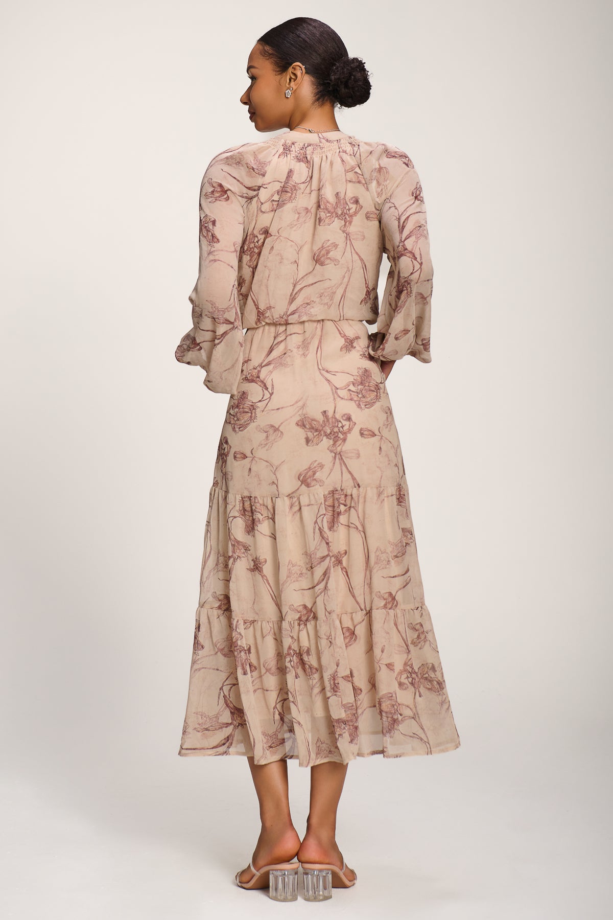 Chiffon Tie Neckline Midaxi Dress, Brown Floral for Women - gallery