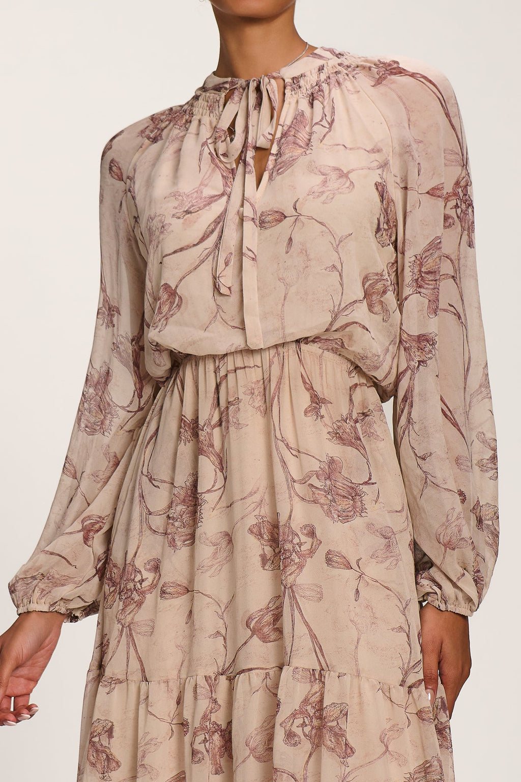 Chiffon Tie Neckline Midaxi Dress, Brown Floral for Women - gallery