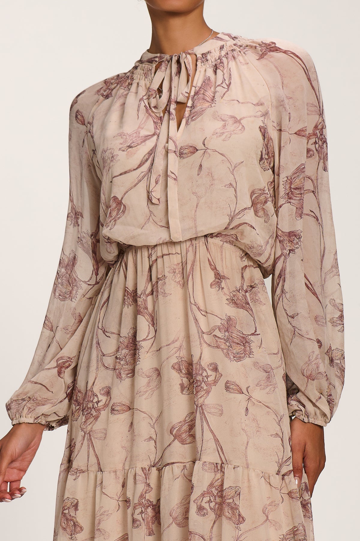 Chiffon Tie Neckline Midaxi Dress, Brown Floral for Women - gallery