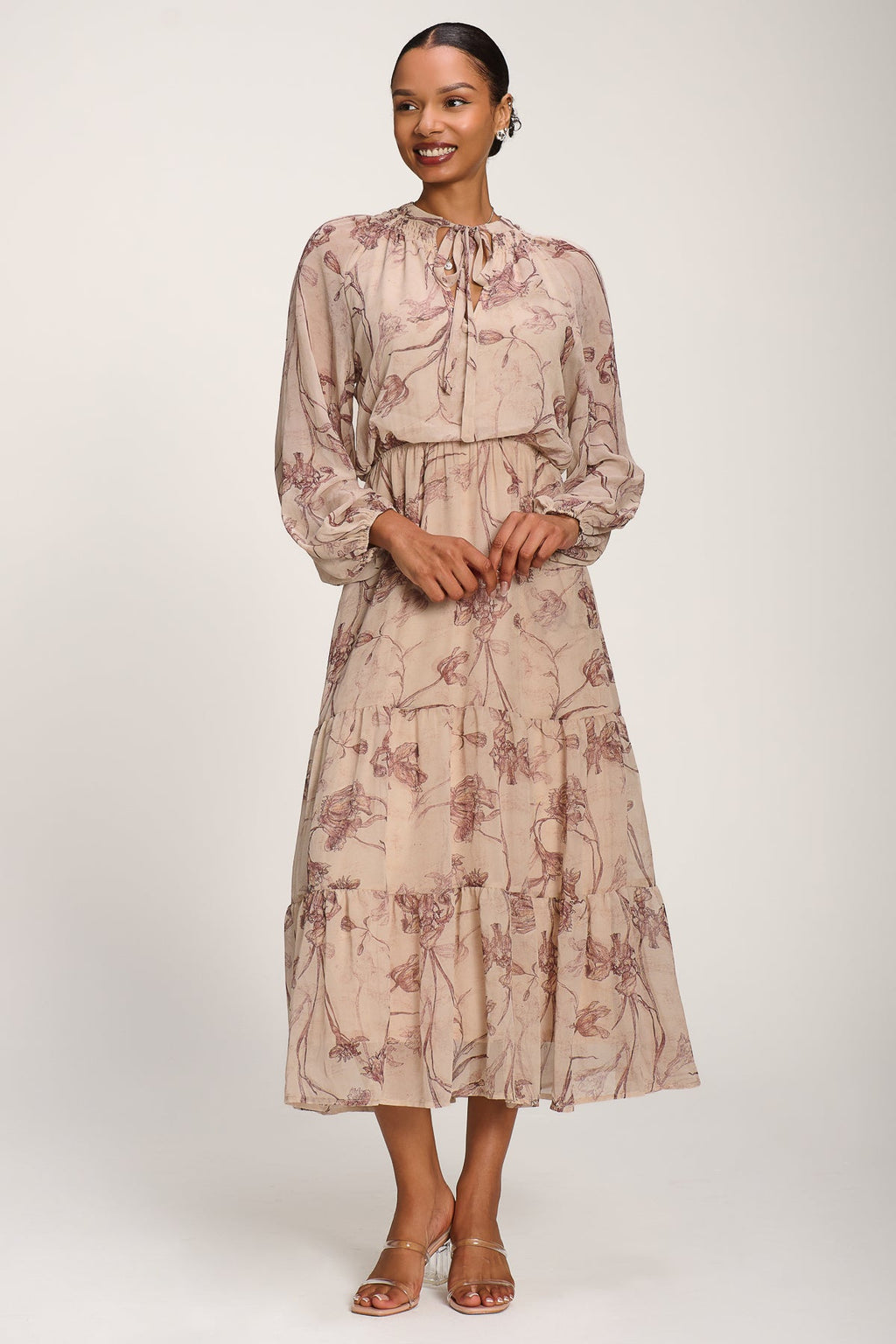 Chiffon Tie Neckline Midaxi Dress, Brown Floral for Women - gallery