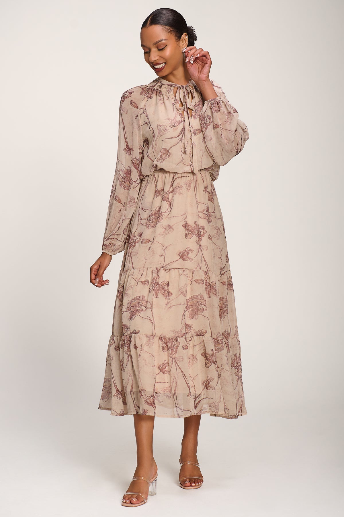 Chiffon Tie Neckline Midaxi Dress, Brown Floral for Women - gallery