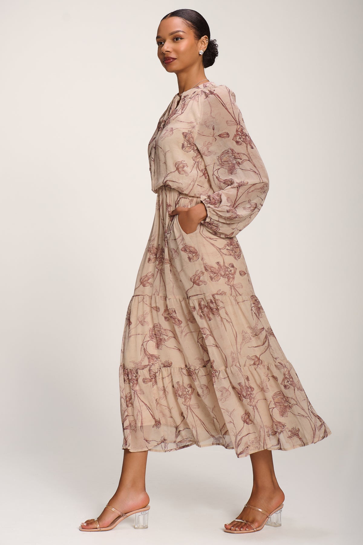 Chiffon Tie Neckline Midaxi Dress, Brown Floral for Women - gallery