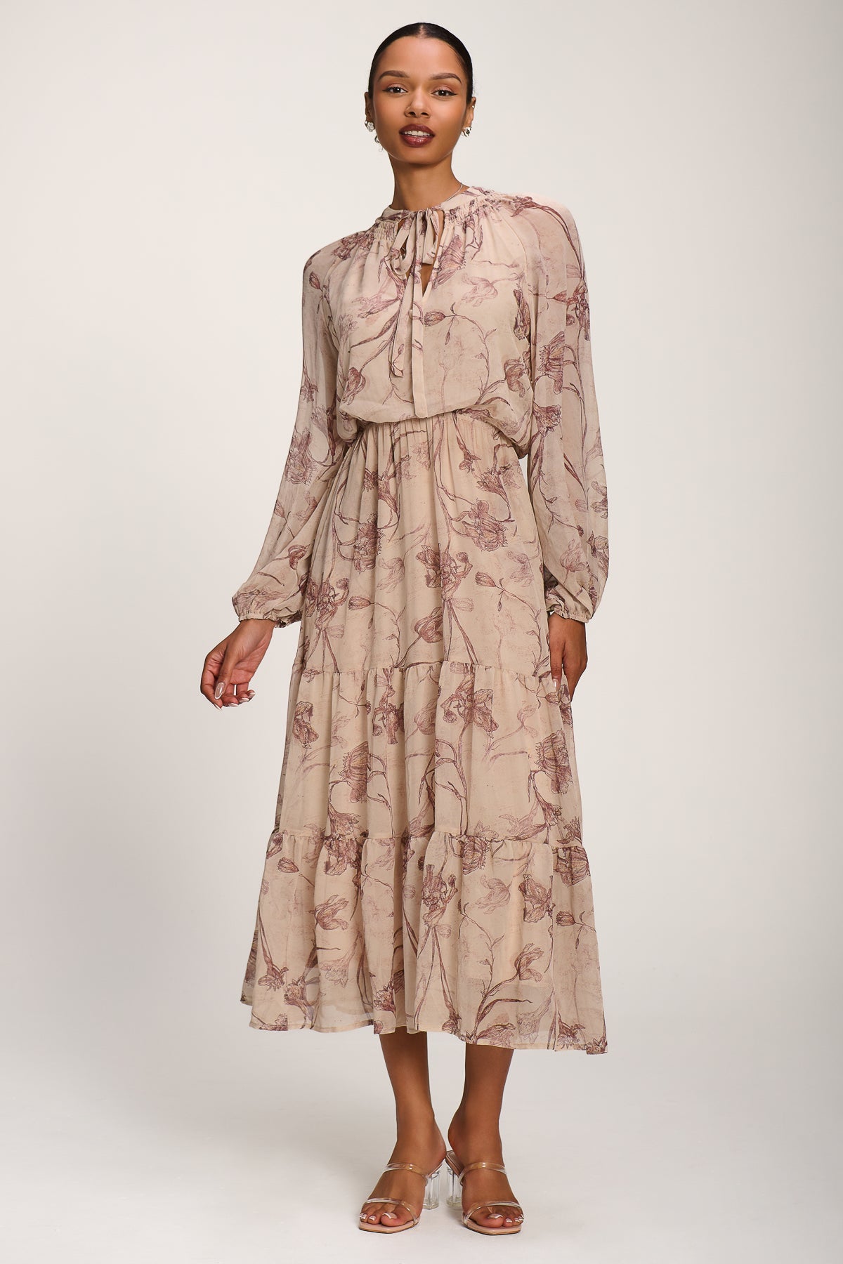 Chiffon Tie Neckline Midaxi Dress, Brown Floral for Women - gallery