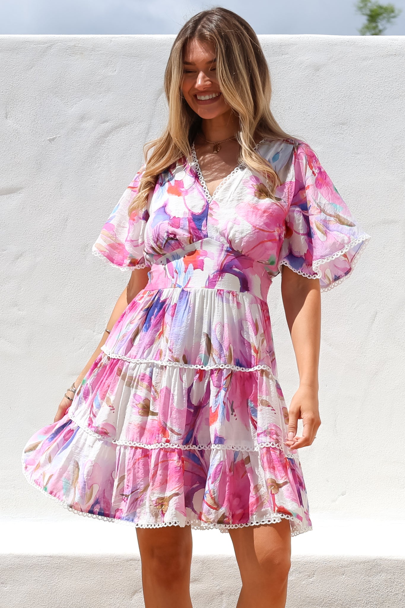 Nessie Mini Dress - Lace Trim Tiered Dress with Flutter Sleeves in Calli... — gallery