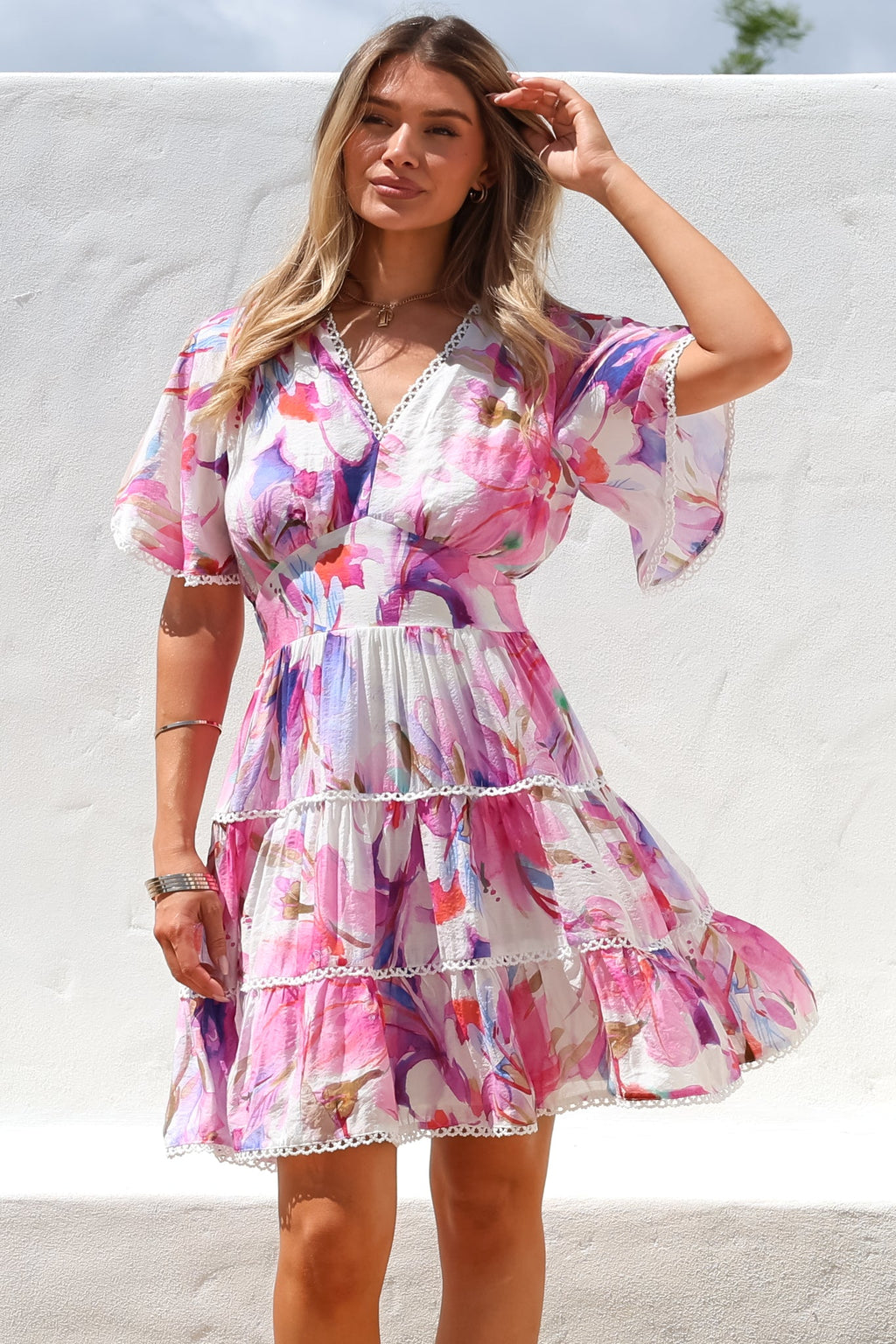 Nessie Mini Dress - Lace Trim Tiered Dress with Flutter Sleeves in Calli... — gallery