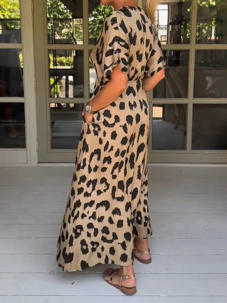 Women's V-Neck Leopard Print Dress Ensemble