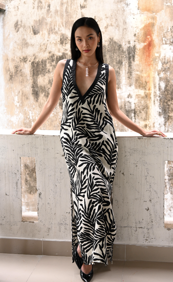 Noir Leaf Echo Reversible Linen Maxi Dress for Women