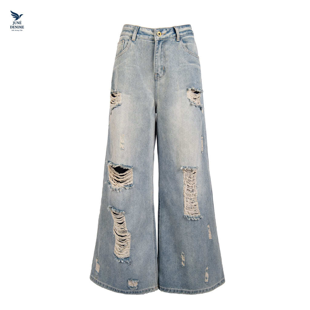 Light Wash Wide-Leg Distressed Jeans for Women