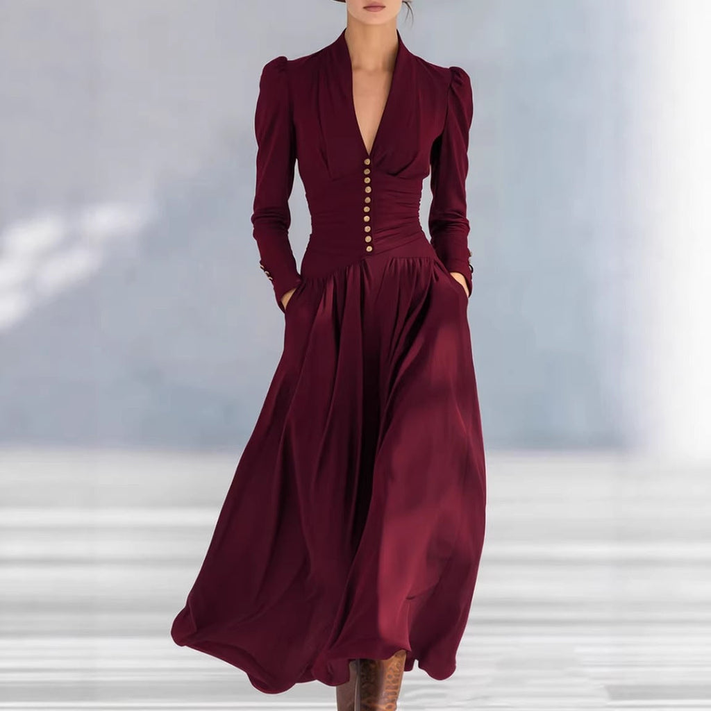 V-Neck Bubble Sleeve Long Sleeve Big Swing Maxi Dress Elegant Waist - gallery