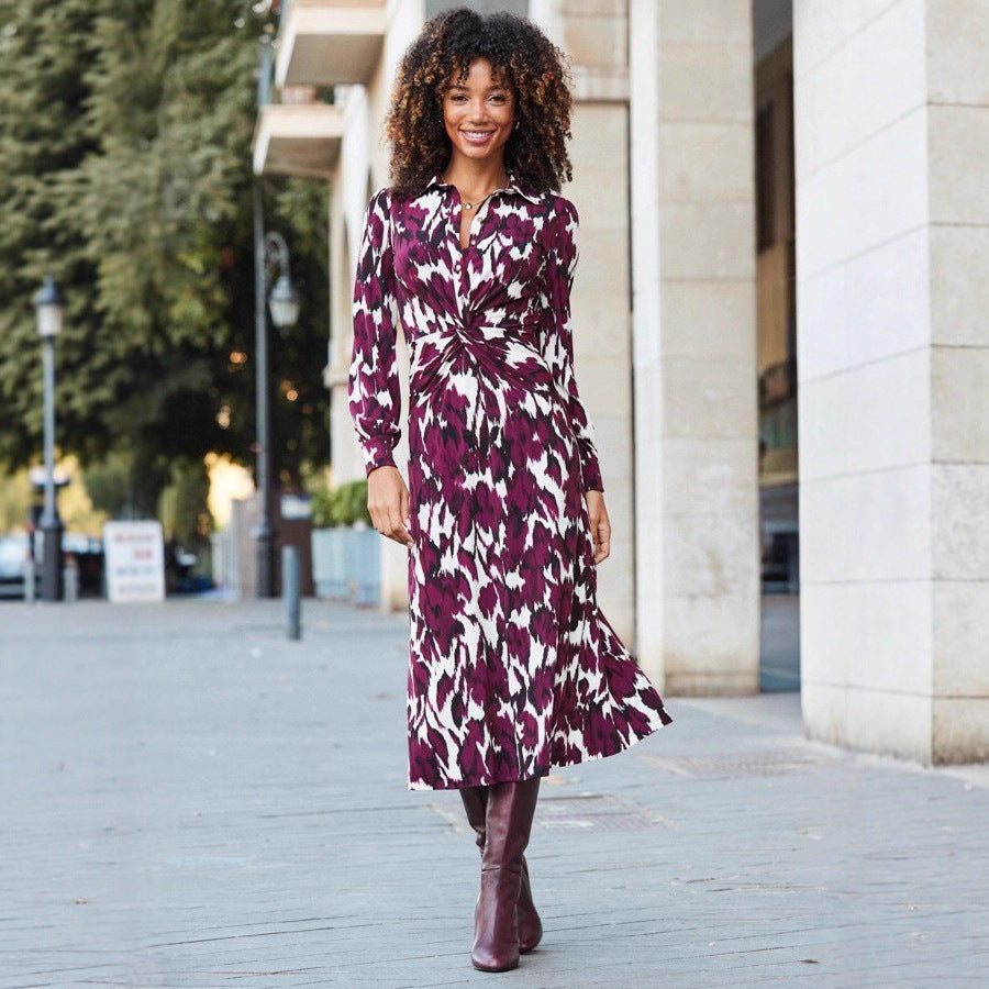 Printed Button Twist Slim Long Sleeve Midi Dress Fall Winter Elegant - gallery