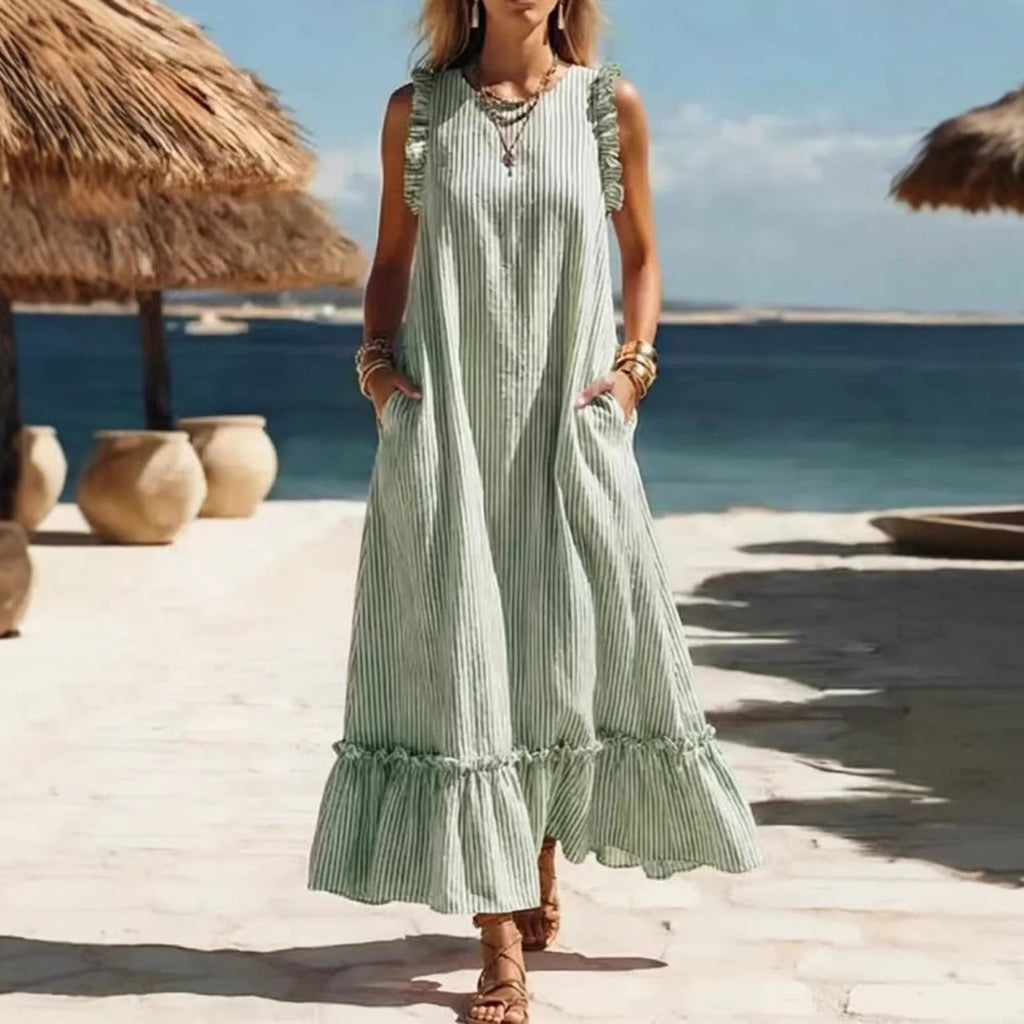 Striped Sleeveless Ruffle Hem Loose Dress Casual Summer Beach - gallery