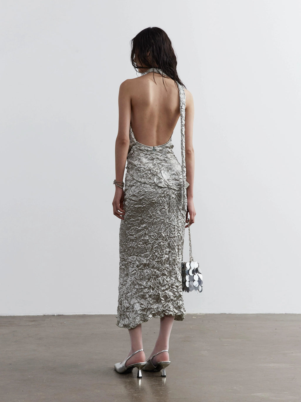 Metallic Crinkle One-Shoulder Maxi Dress for Women - gallery