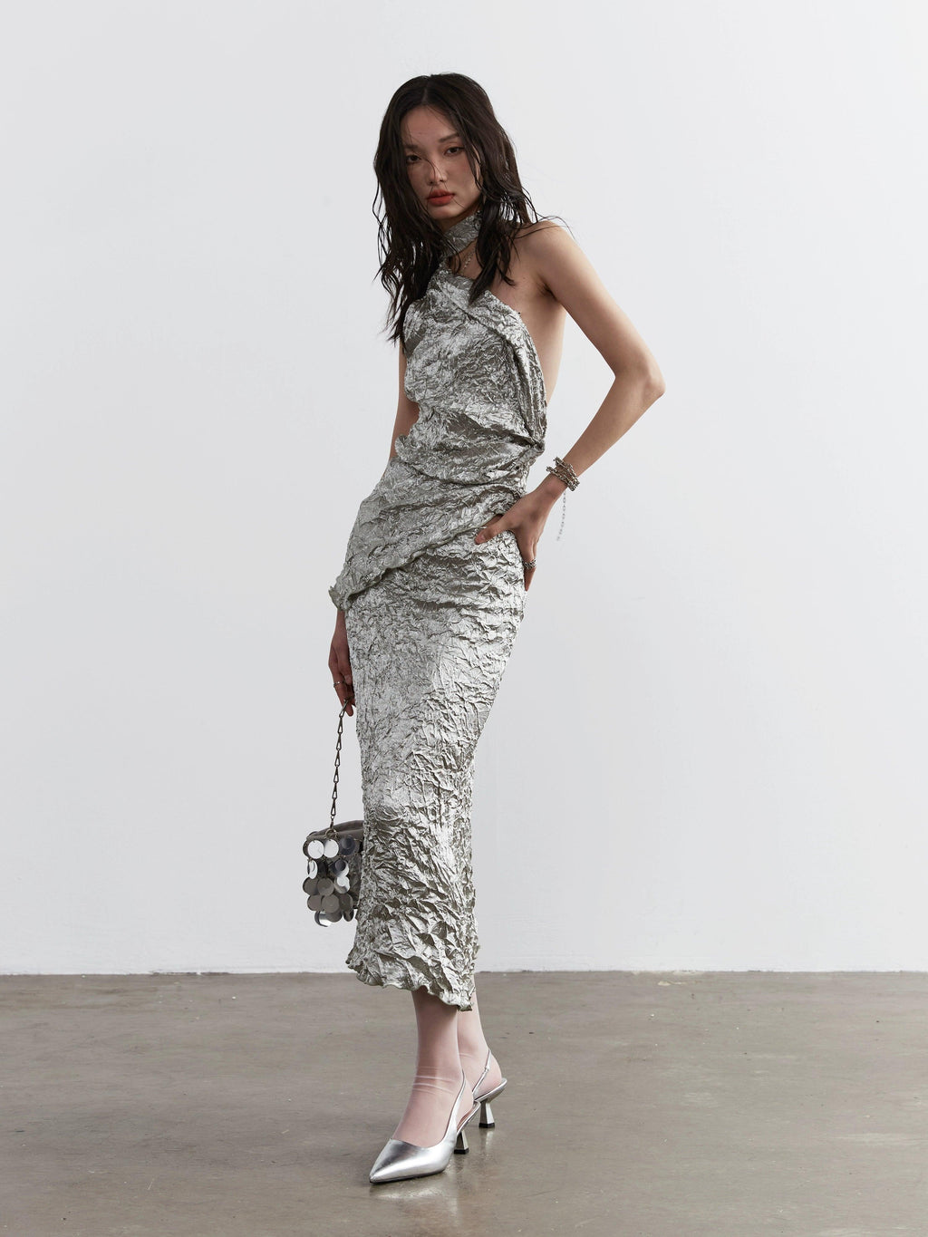 Metallic Crinkle One-Shoulder Maxi Dress for Women - gallery