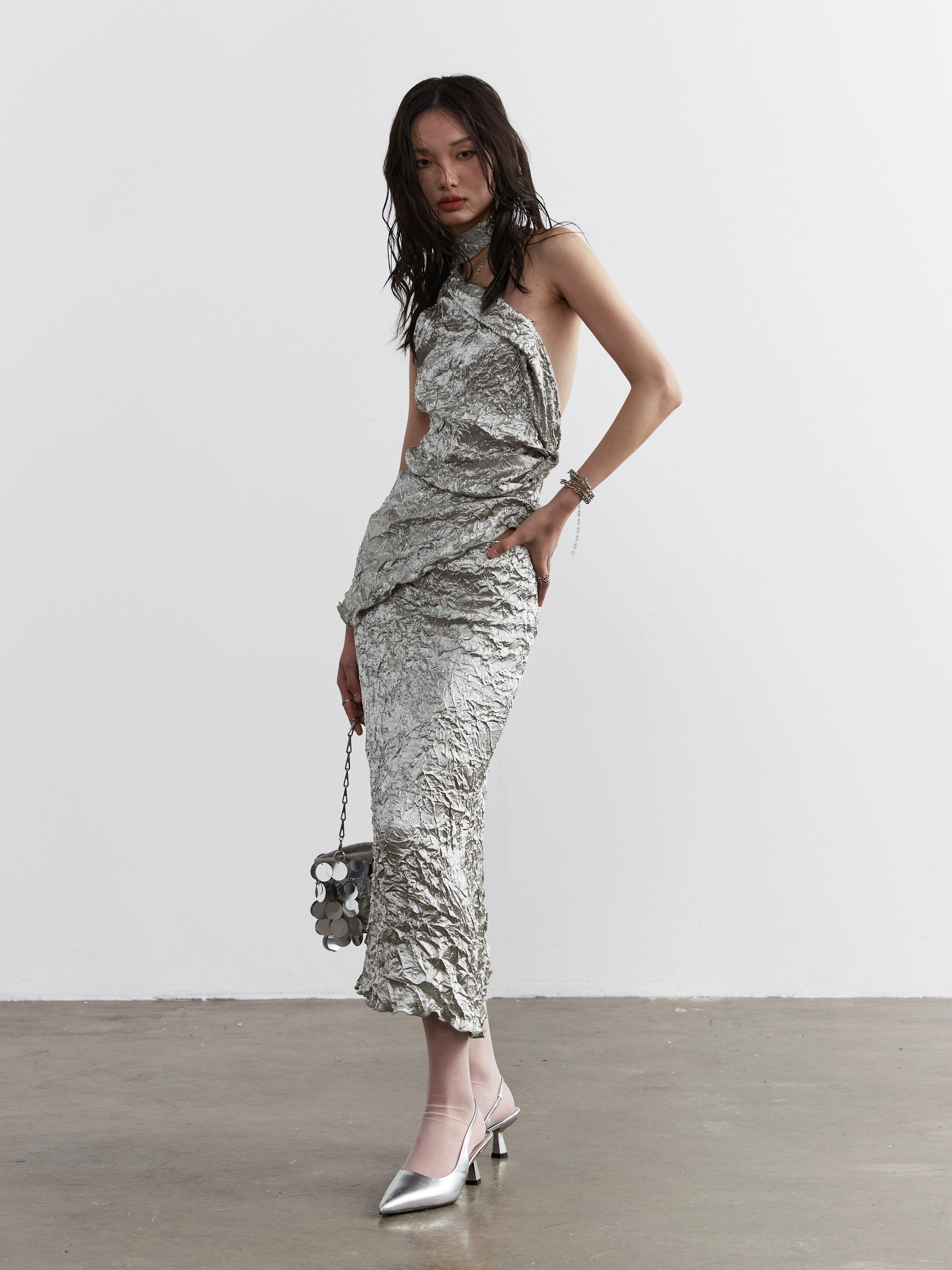 Metallic Crinkle One-Shoulder Maxi Dress for Women - gallery