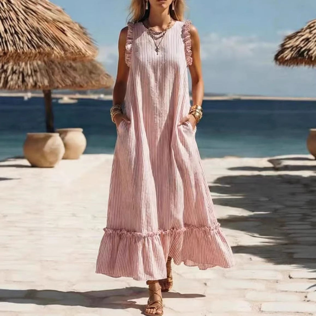 Striped Sleeveless Ruffle Hem Loose Dress Casual Summer Beach - gallery