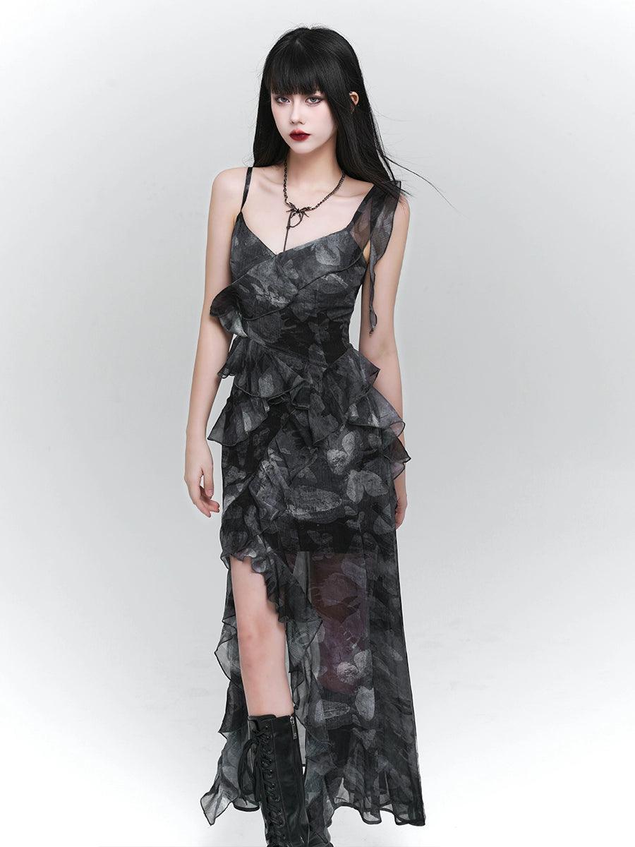 Ladyghost Dark Glamour Asymmetrical Maxi Dress for Women
