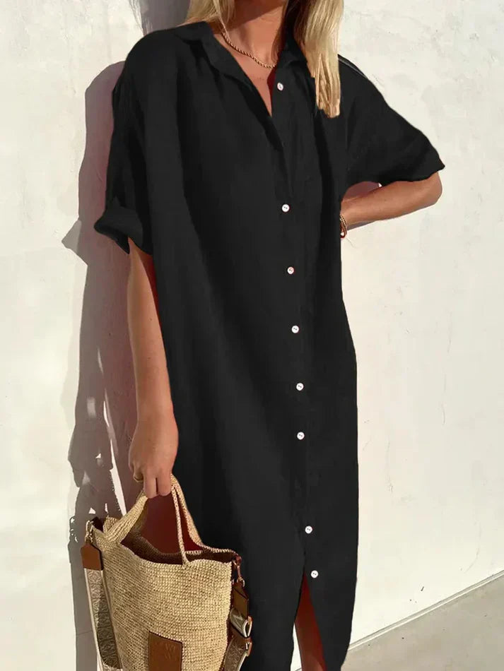 Stylish Casual Women's Dress with Wide Sleeves and Button Accents, Made from Cotton and Linen