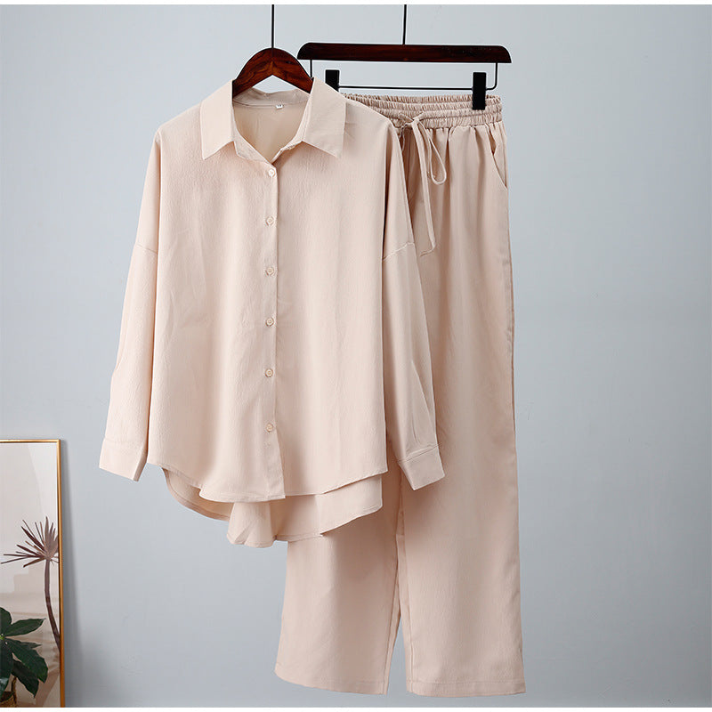 Linen-Look Oversized Shirt and Wide Leg Trousers Set for Women