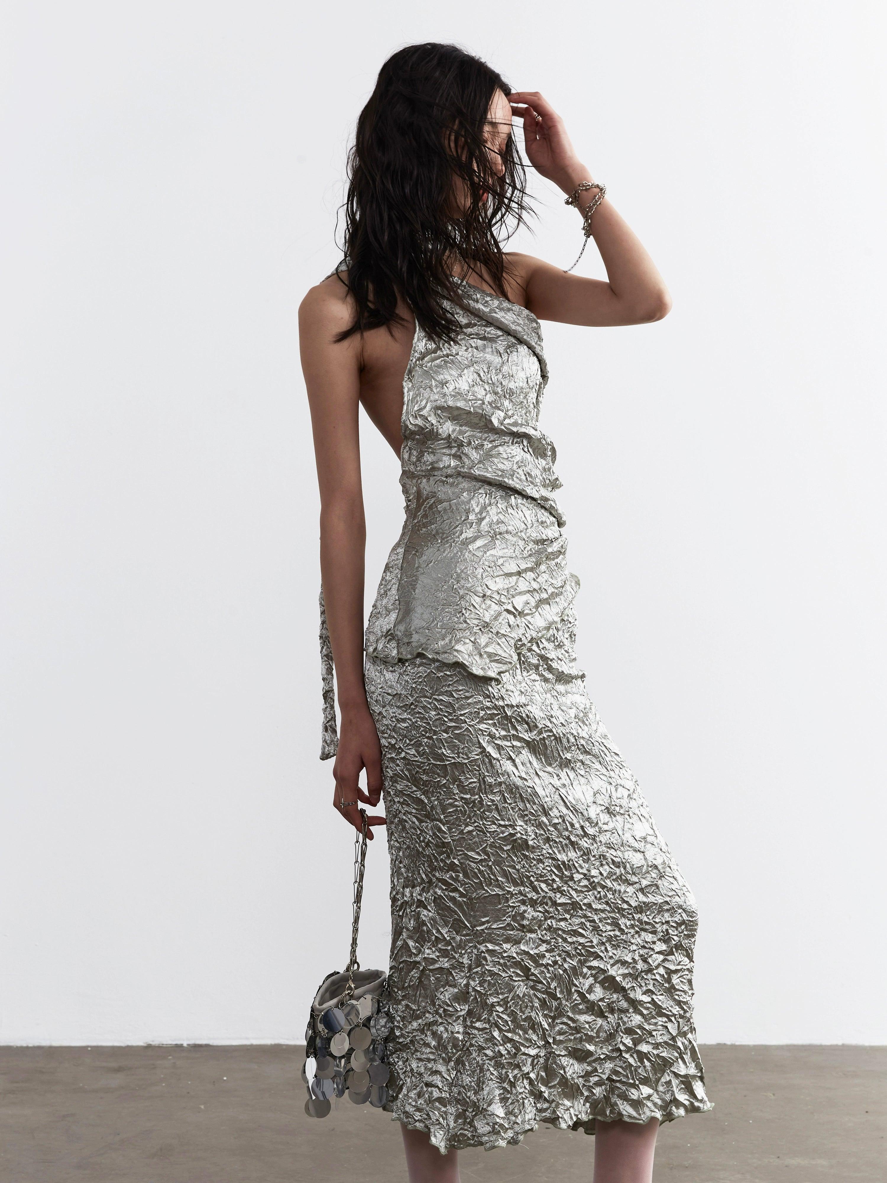Metallic Crinkle One-Shoulder Maxi Dress for Women