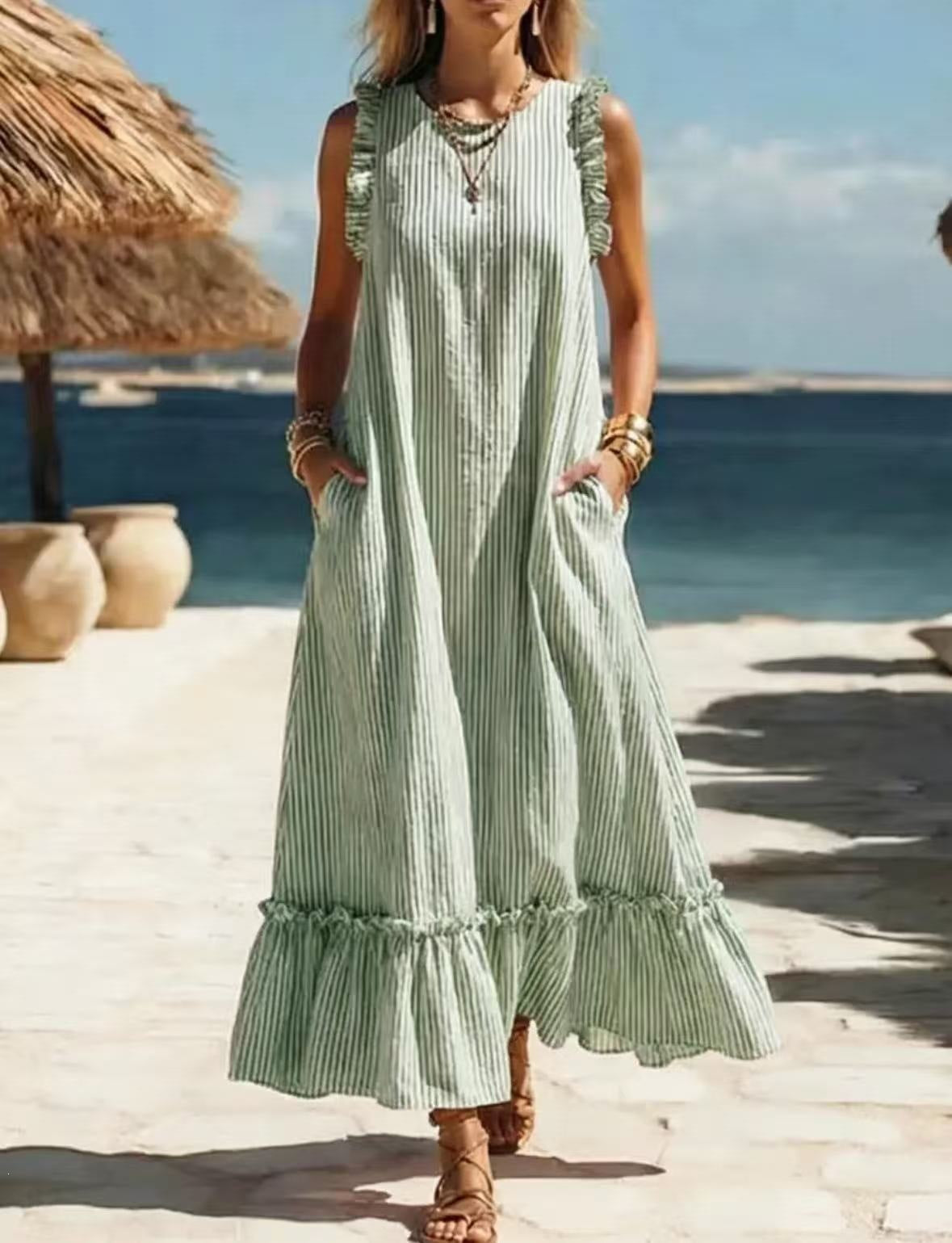 Striped Sleeveless Ruffle Hem Loose Dress Casual Summer Beach - green stripe