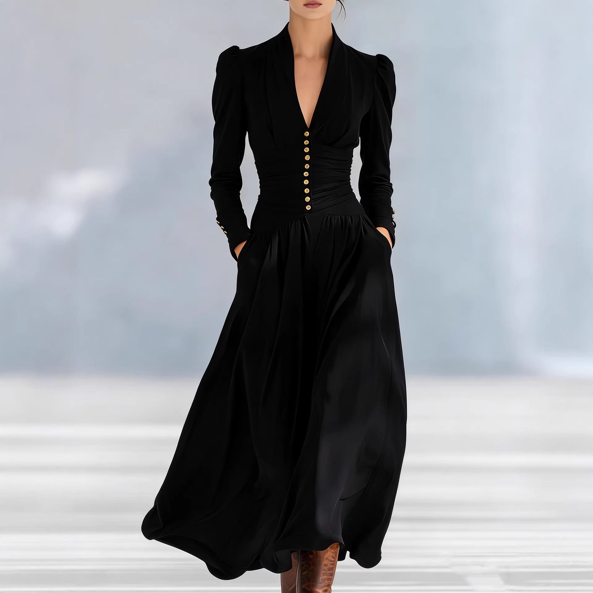 V-Neck Bubble Sleeve Long Sleeve Big Swing Maxi Dress Elegant Waist - gallery