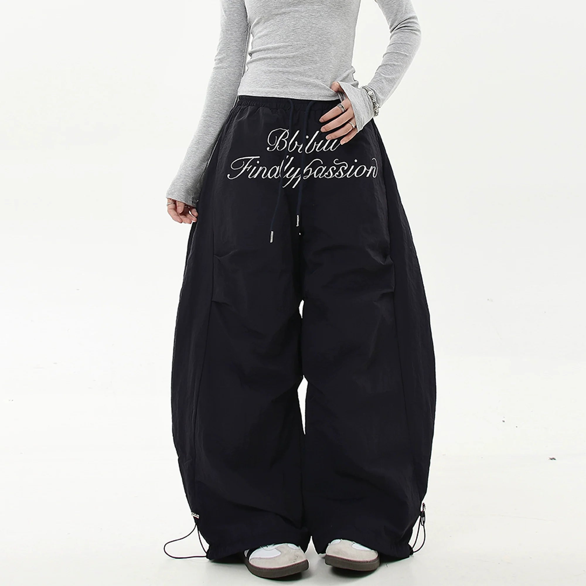 Scripted Devotion Parachute Pants Trousers for Women - Navy Blue Thin Version