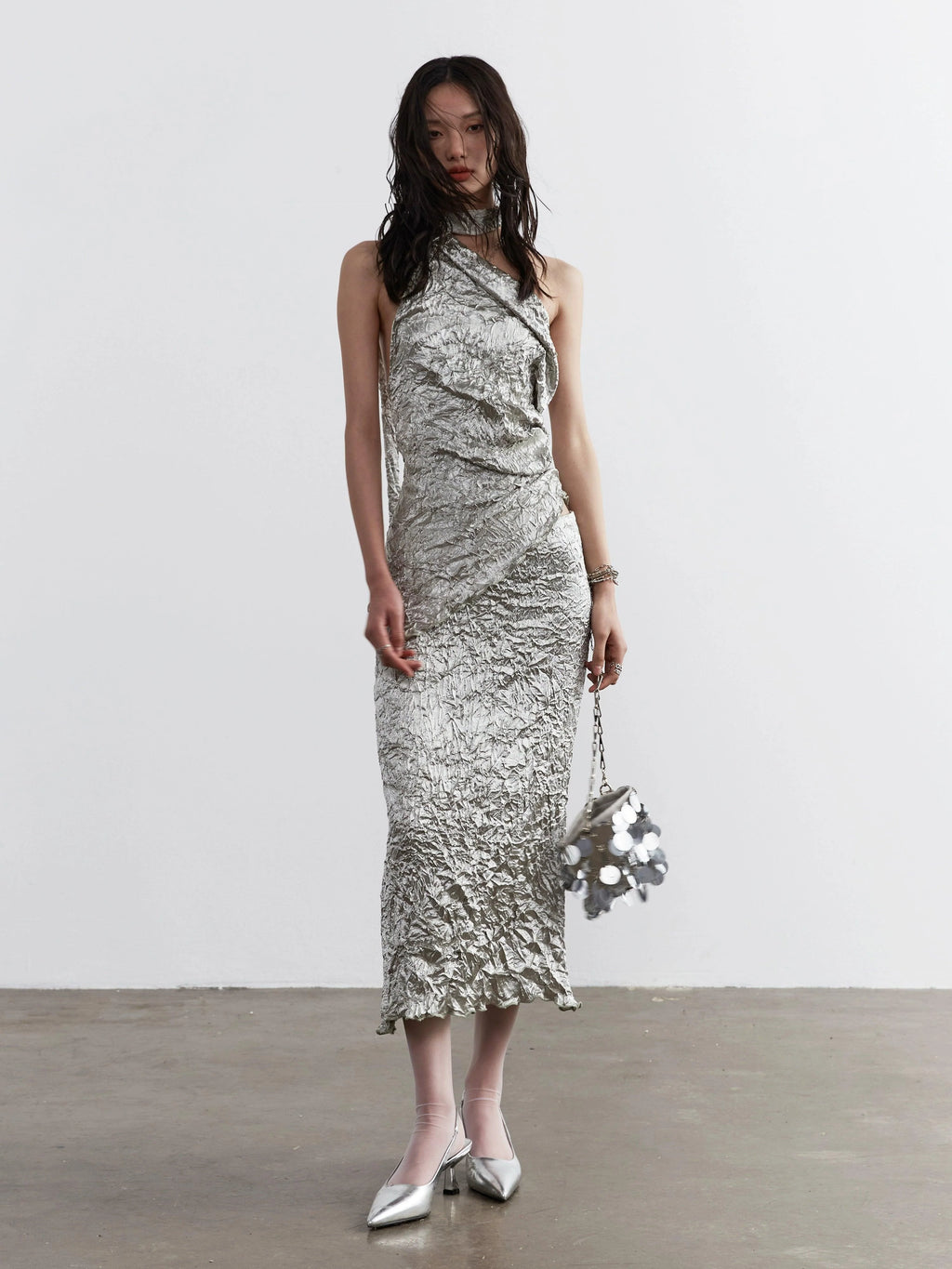 Metallic Crinkle One-Shoulder Maxi Dress for Women - gallery