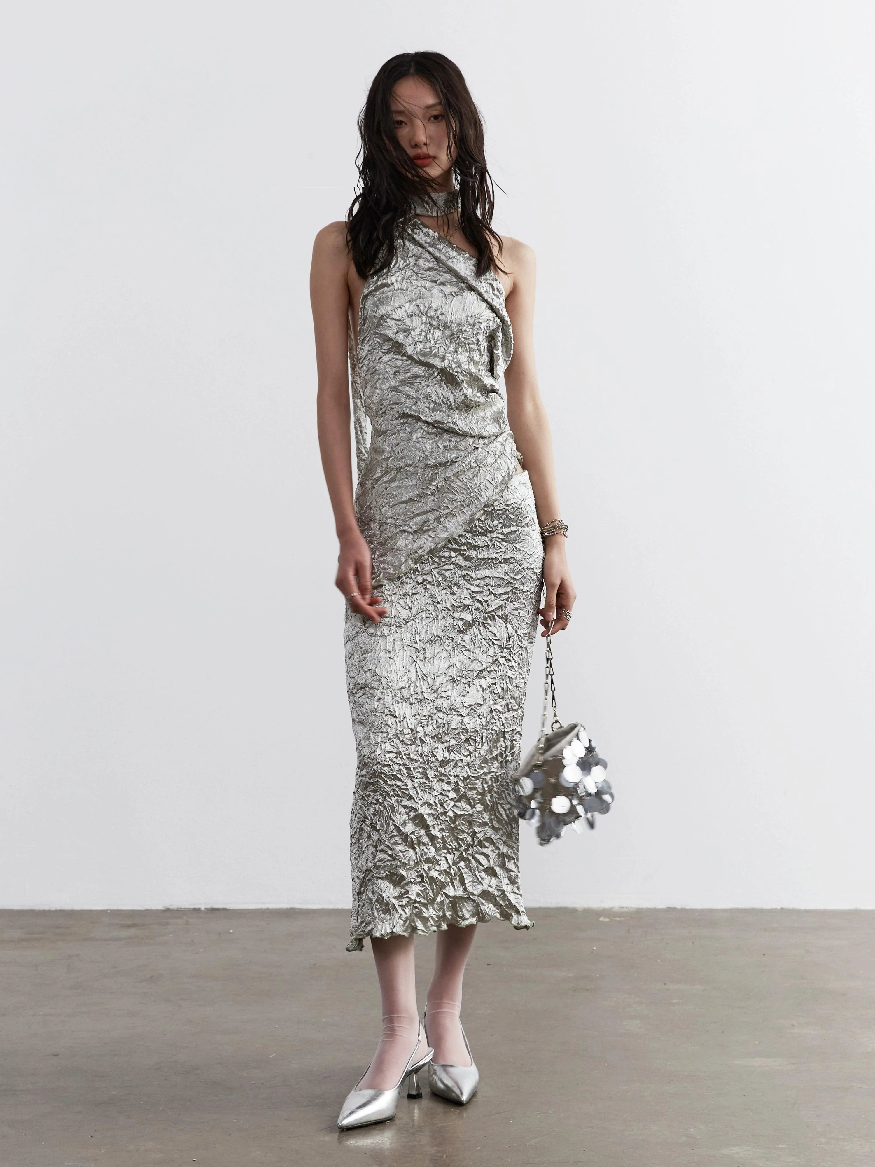 Metallic Crinkle One-Shoulder Maxi Dress for Women - gallery