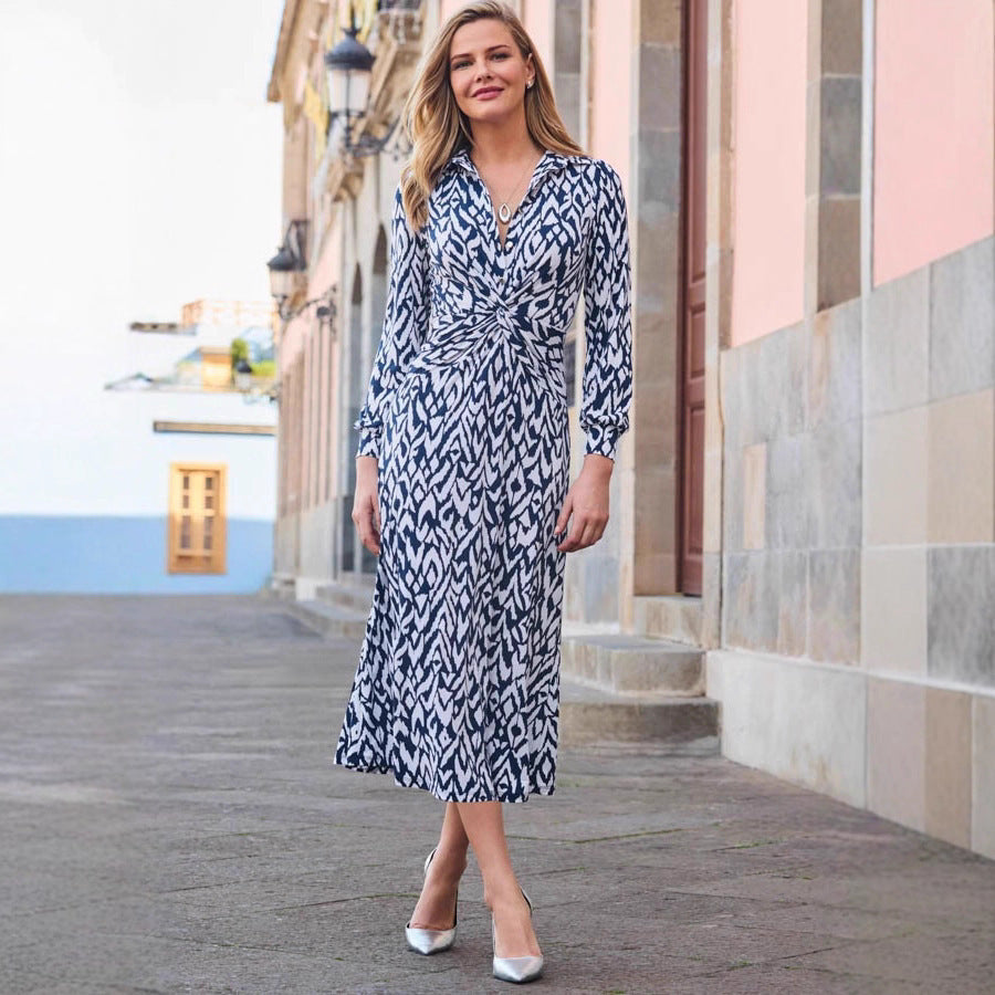 Printed Button Twist Slim Long Sleeve Midi Dress Fall Winter Elegant - gallery