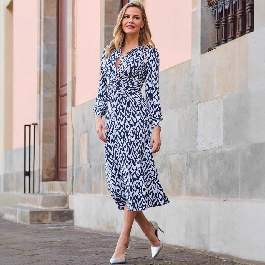 Printed Button Twist Slim Long Sleeve Midi Dress Fall Winter Elegant