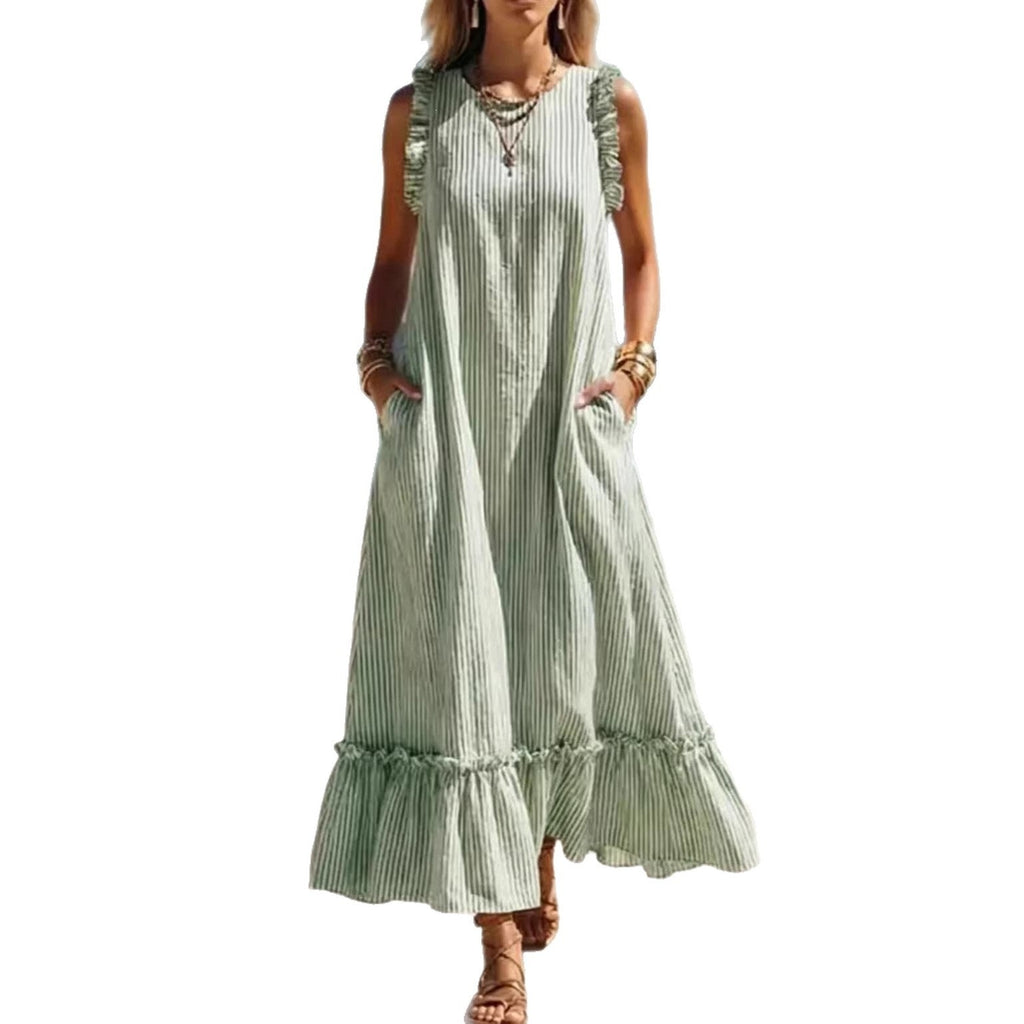 Striped Sleeveless Ruffle Hem Loose Dress Casual Summer Beach - gallery