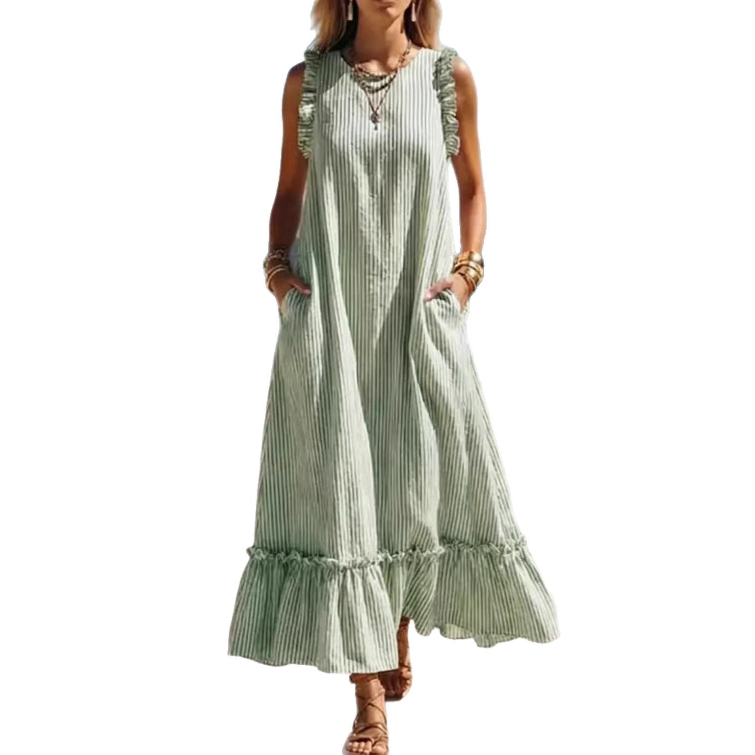 Striped Sleeveless Ruffle Hem Loose Dress Casual Summer Beach - gallery