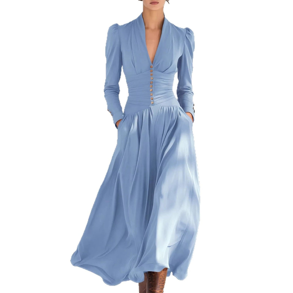 V-Neck Bubble Sleeve Long Sleeve Big Swing Maxi Dress Elegant Waist - gallery