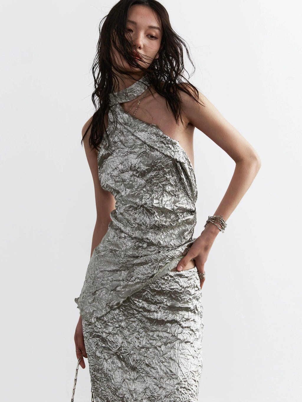 Metallic Crinkle One-Shoulder Maxi Dress for Women - gallery