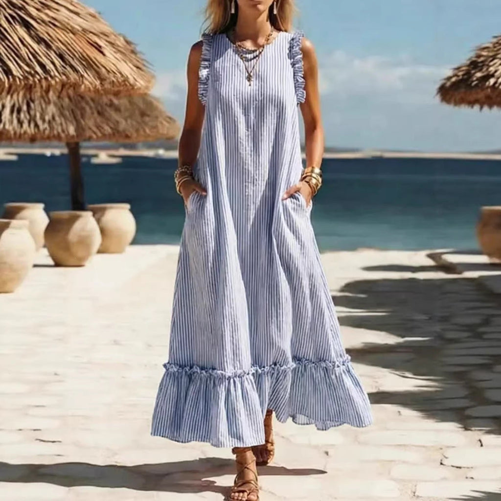 Striped Sleeveless Ruffle Hem Loose Dress Casual Summer Beach