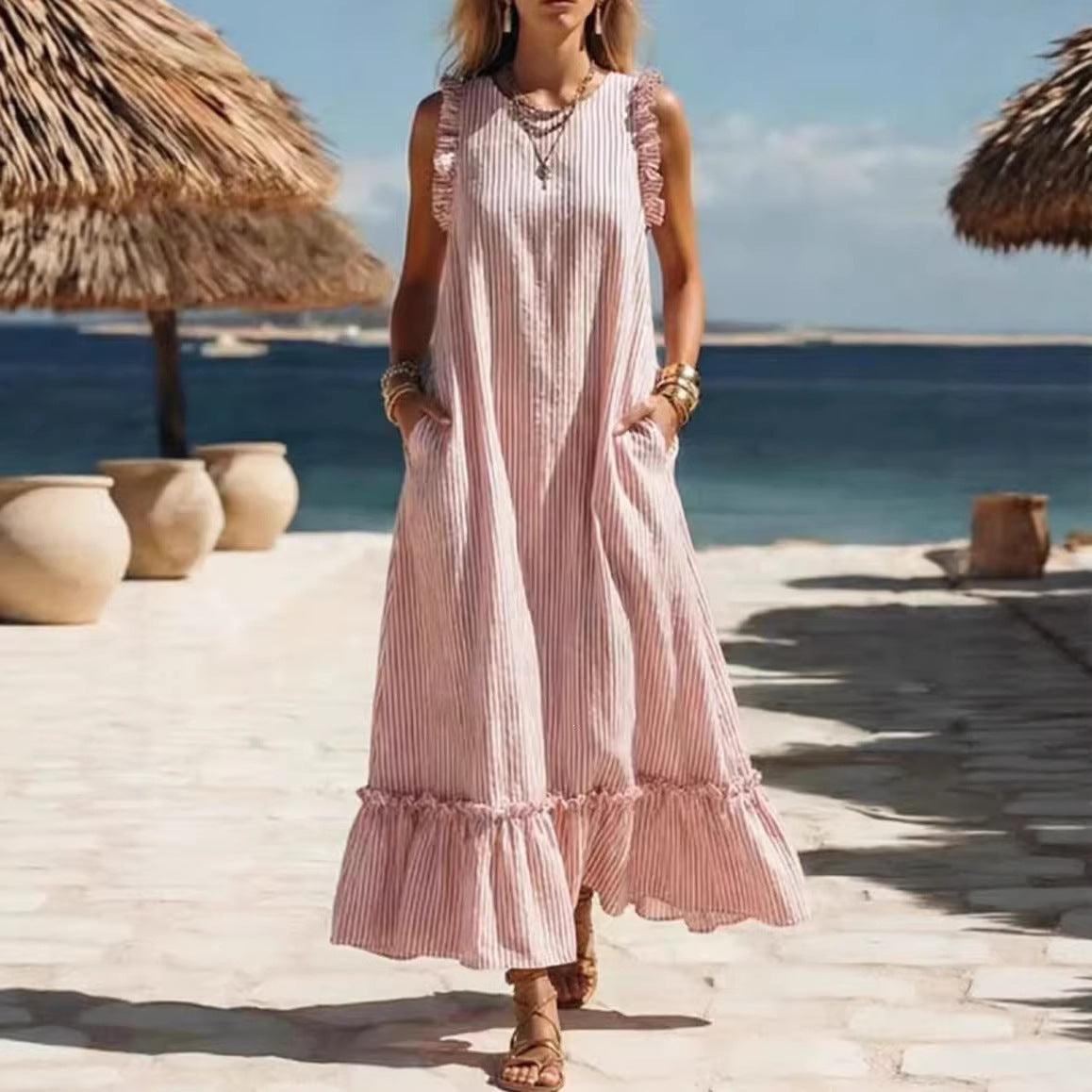 Striped Sleeveless Ruffle Hem Loose Dress Casual Summer Beach - gallery