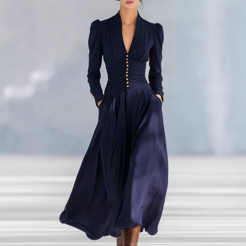 V-Neck Bubble Sleeve Long Sleeve Big Swing Maxi Dress Elegant Waist