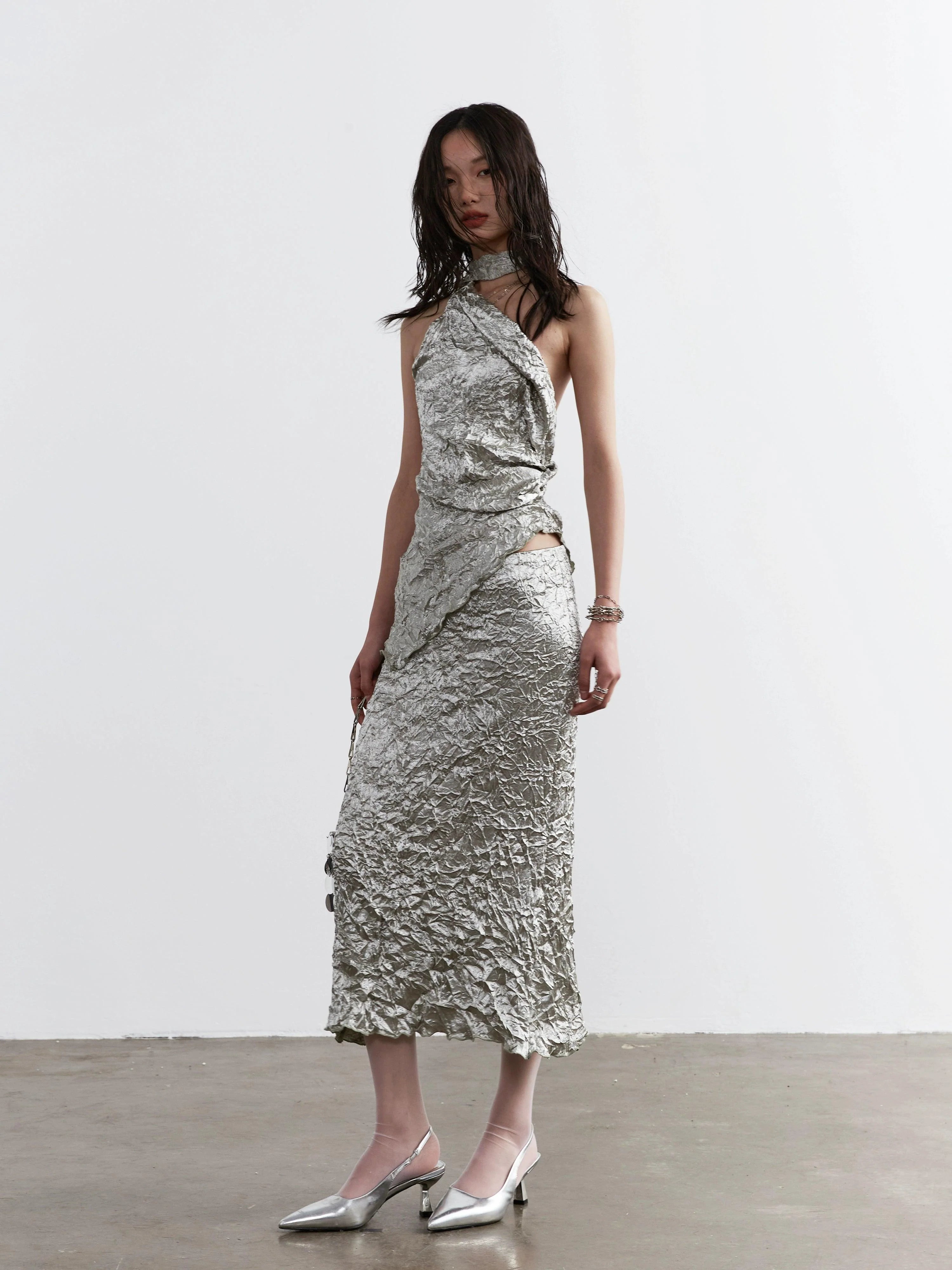 Metallic Crinkle One-Shoulder Maxi Dress for Women - gallery