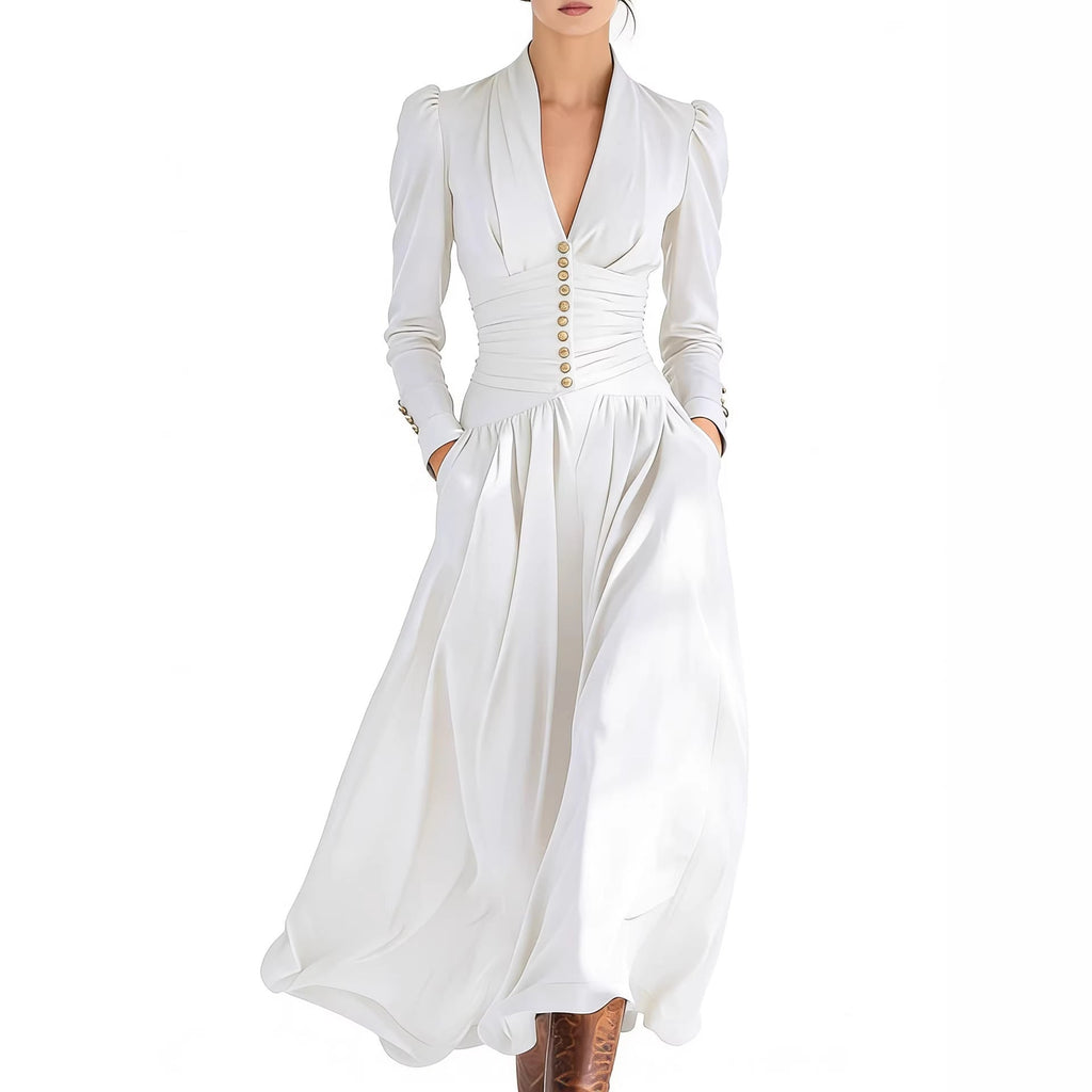 V-Neck Bubble Sleeve Long Sleeve Big Swing Maxi Dress Elegant Waist - gallery