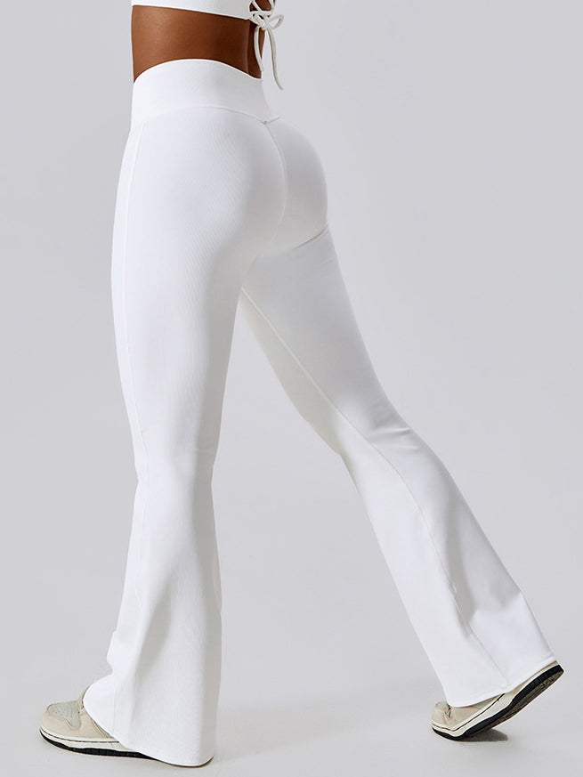 Ribbed V-Shape Waist Flare Pants Trousers for Women - White