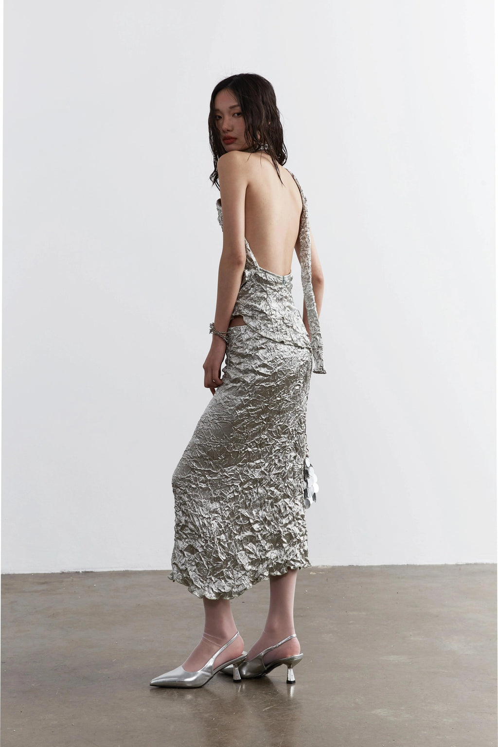 Metallic Crinkle One-Shoulder Maxi Dress for Women - gallery