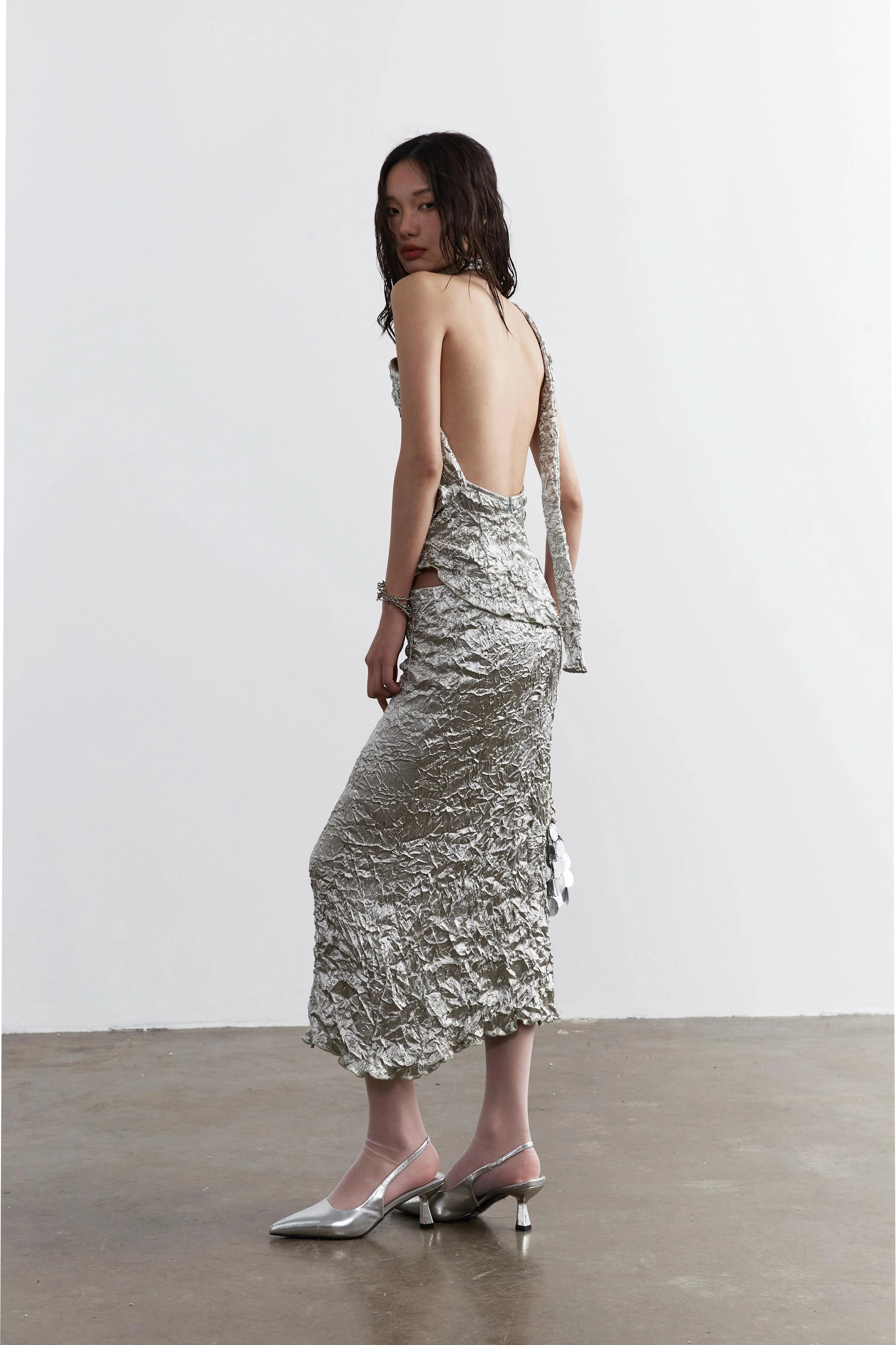 Metallic Crinkle One-Shoulder Maxi Dress for Women - gallery