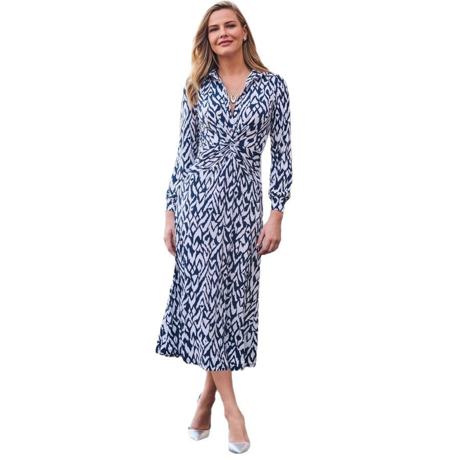 Printed Button Twist Slim Long Sleeve Midi Dress Fall Winter Elegant - gallery