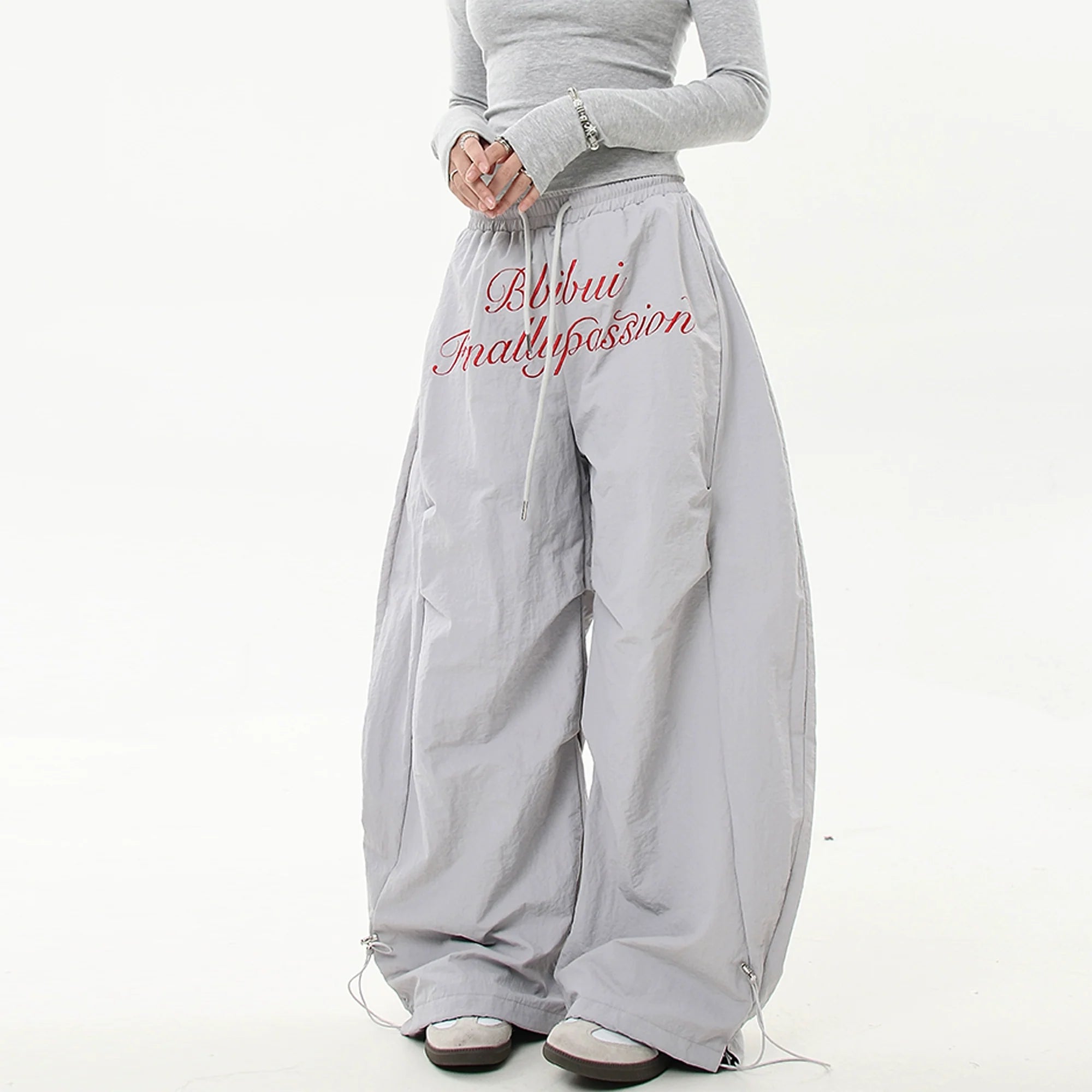 Scripted Devotion Parachute Pants Trousers for Women - Gray Thin Version