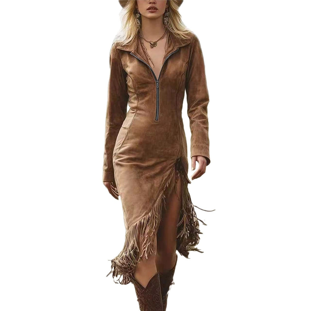 Suede Fringe Slim Long Sleeve Midi Dress Western Style Fall Winter - gallery