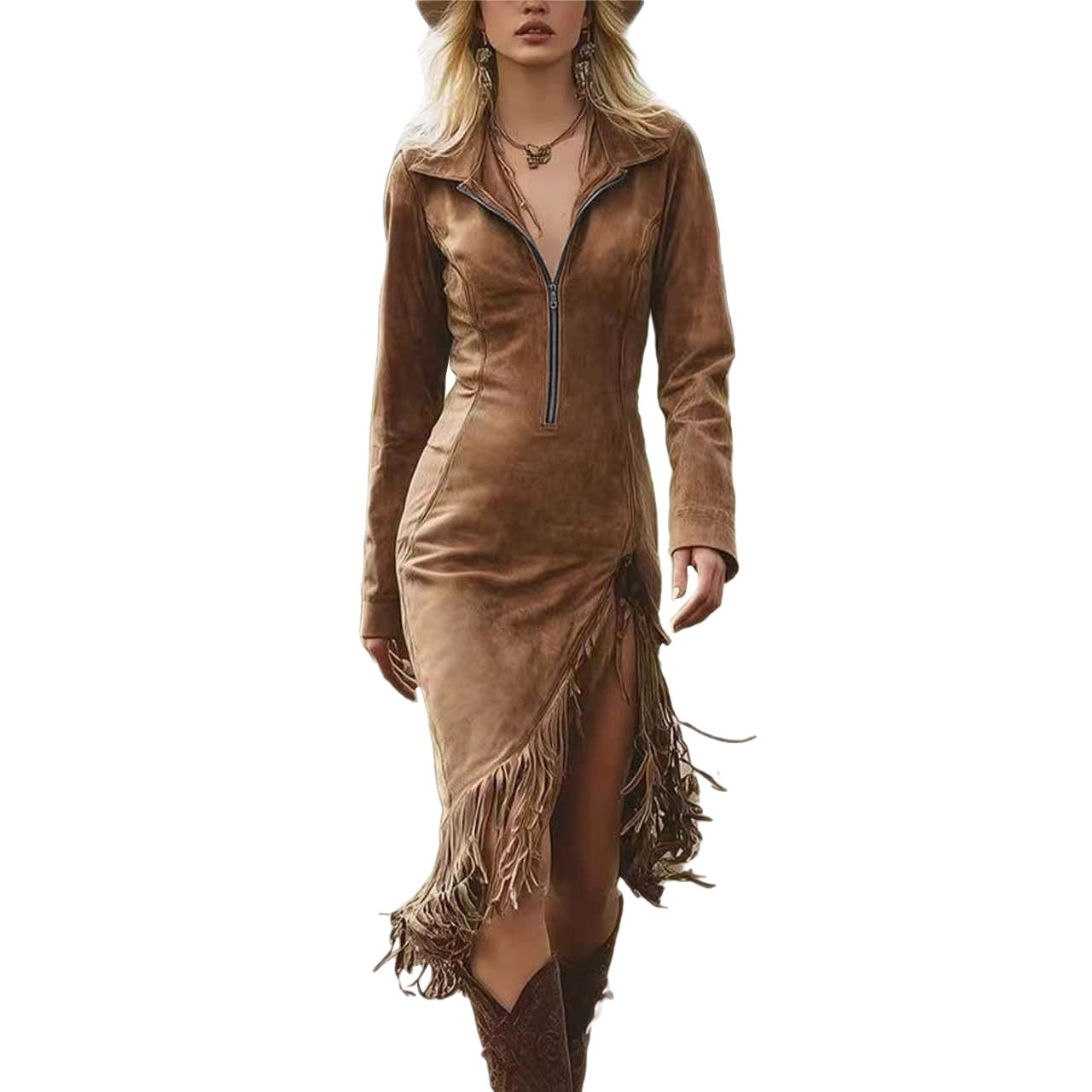 Suede Fringe Slim Long Sleeve Midi Dress Western Style Fall Winter - gallery