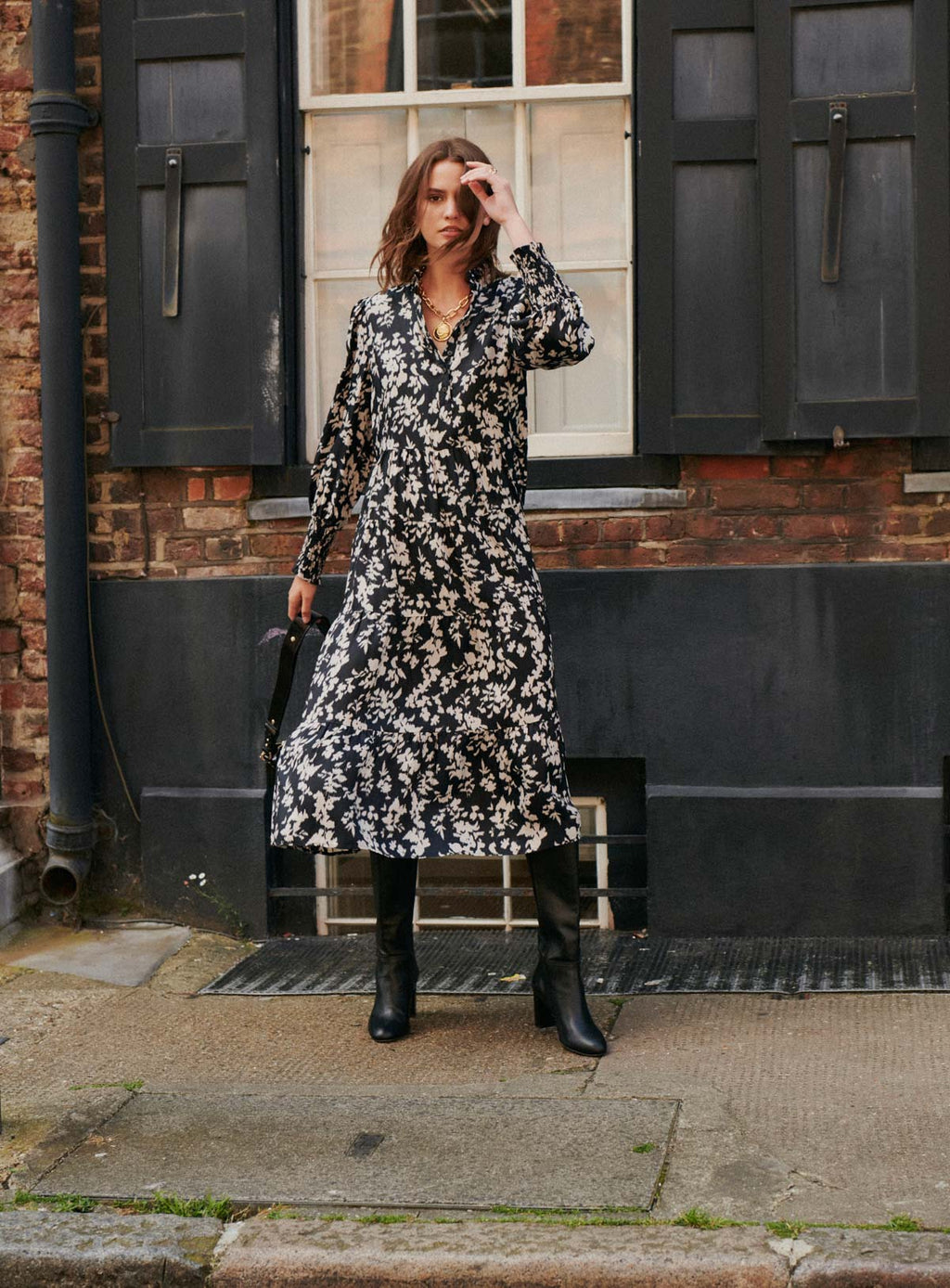 Black Floral Midi Dress for Women — Blouse Collar Wide Cut