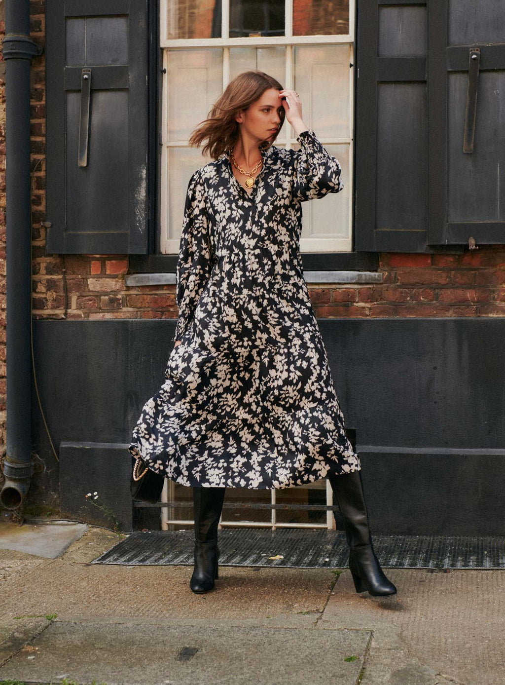 Black Floral Midi Dress for Women — Blouse Collar Wide Cut - gallery
